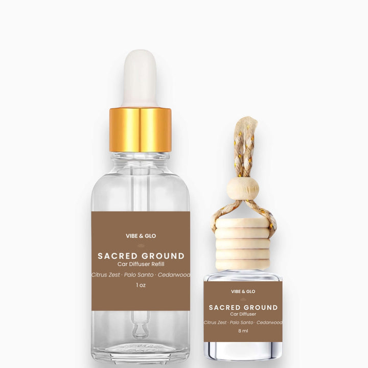 Vibe & Glo Sacred Ground diffuser refill bottles on a white background