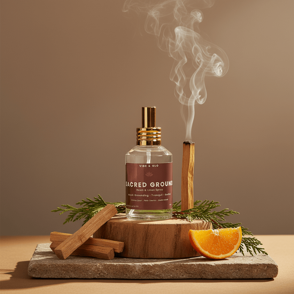 A room and linen spray bottle labeled 'Sacred Ground' with smoke, cinnamon sticks, and an orange on a stone surface.