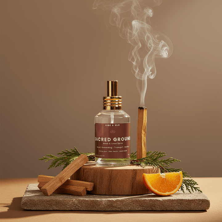 A room and linen spray bottle labeled 'Sacred Ground' with smoke, cinnamon sticks, and an orange on a stone surface.