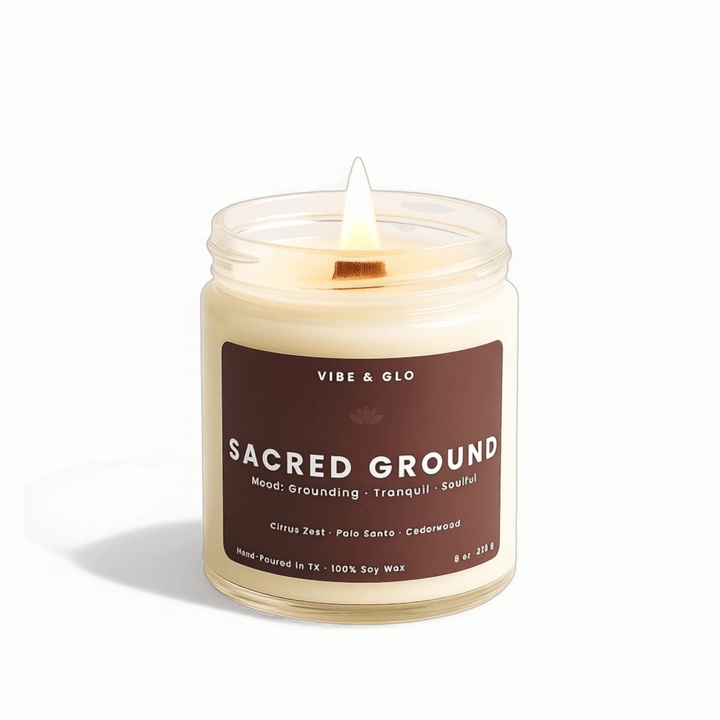 Vibe & Glo 'Sacred Ground' candle on a white background