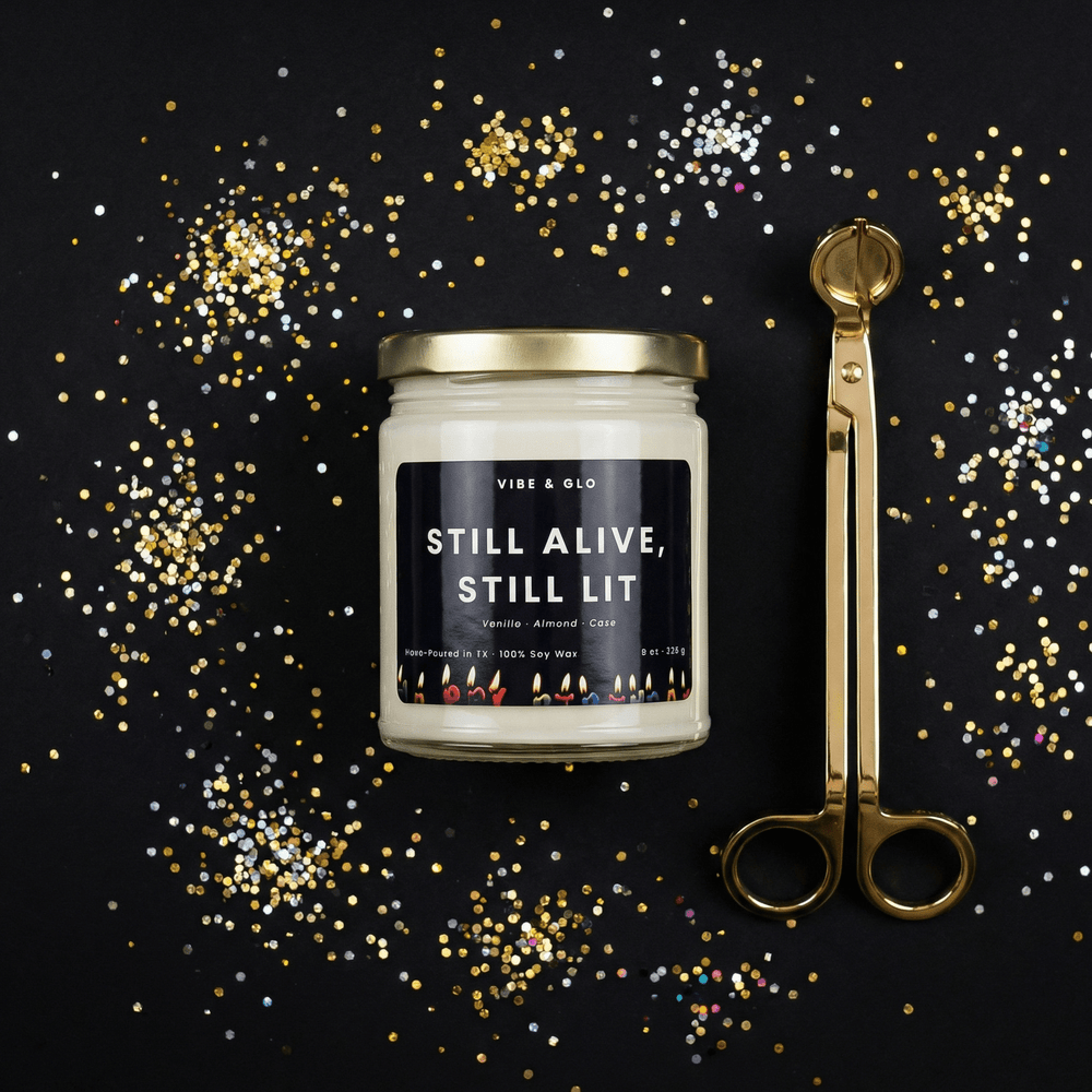 still alive still lit candle funny birthday candle vibe and glo glitter background vanilla almond cake scent gift