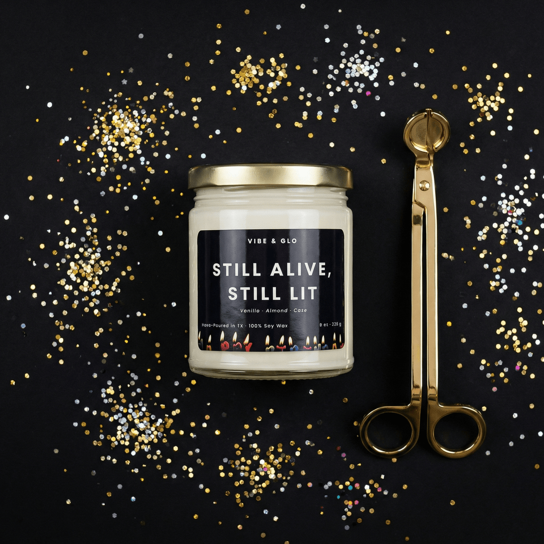 still alive still lit candle funny birthday candle vibe and glo glitter background vanilla almond cake scent gift