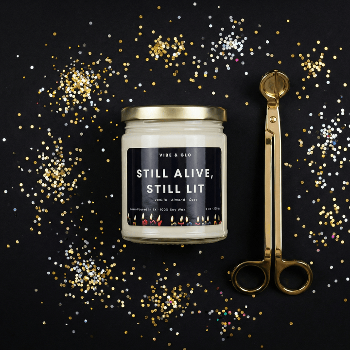 still alive still lit candle funny birthday candle vibe and glo glitter background vanilla almond cake scent gift