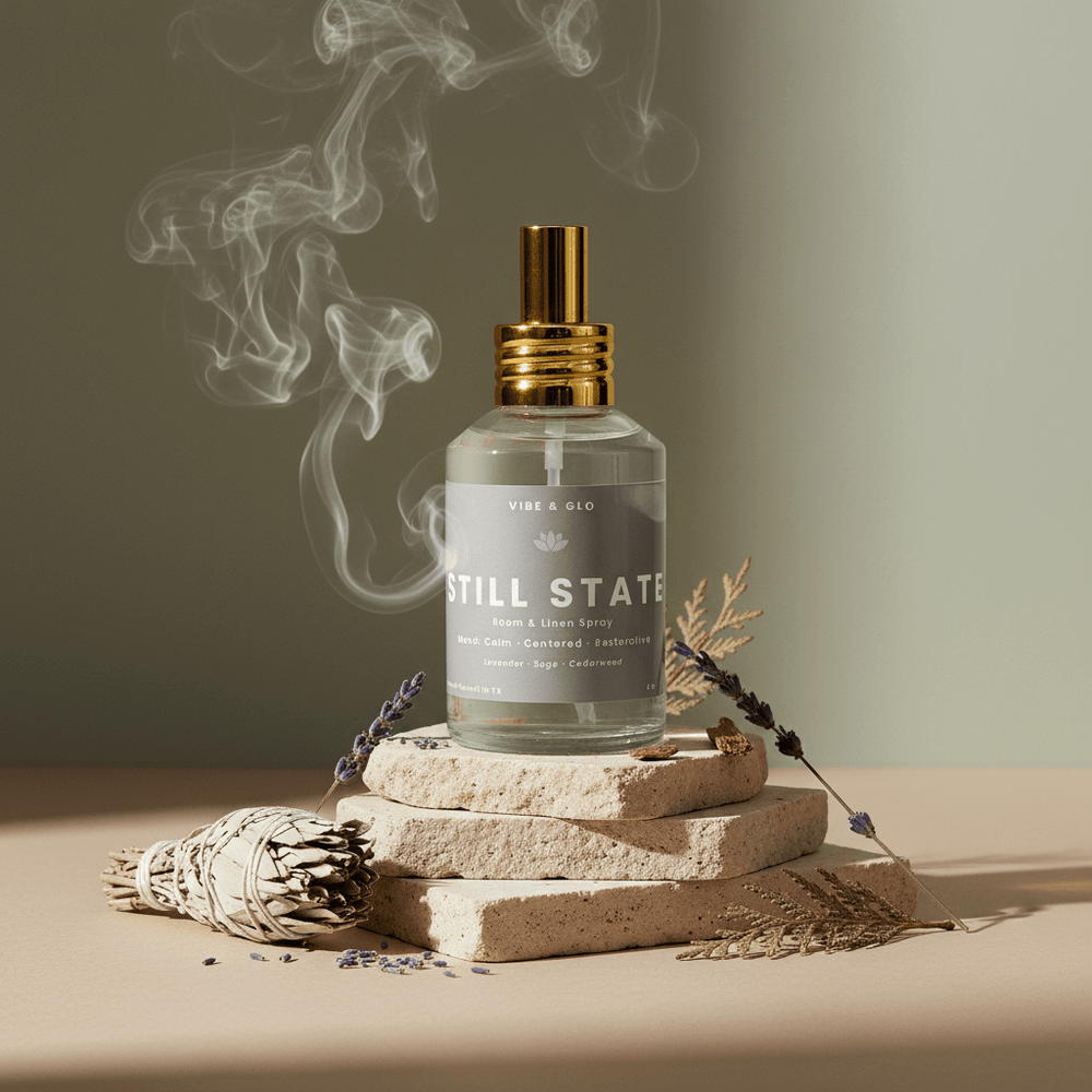Room and linen spray bottle labeled 'Still State' with smoke and dried herbs on a neutral background