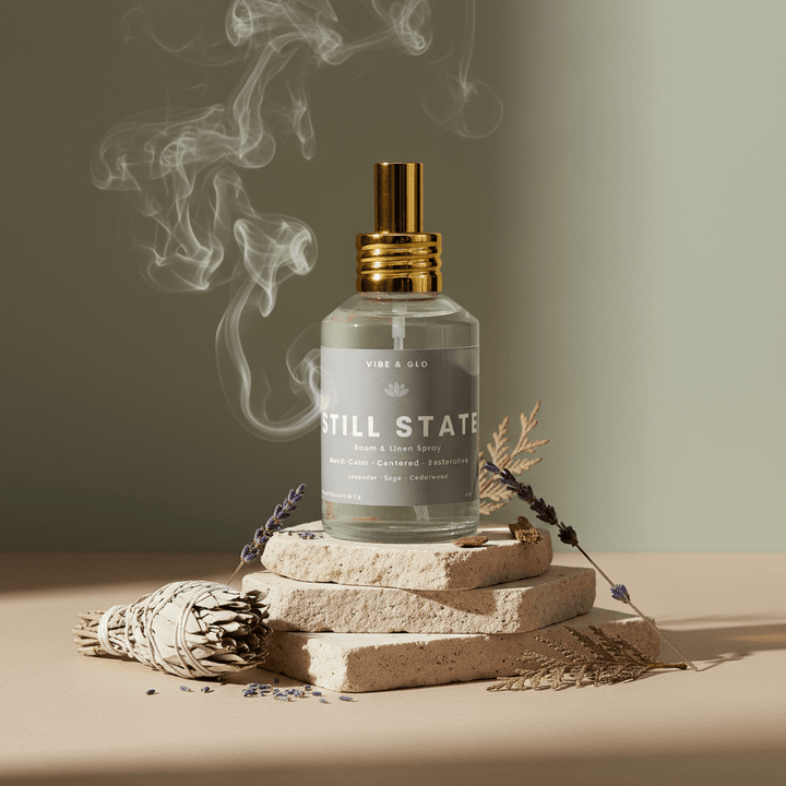 Room and linen spray bottle labeled 'Still State' with smoke and dried herbs on a neutral background