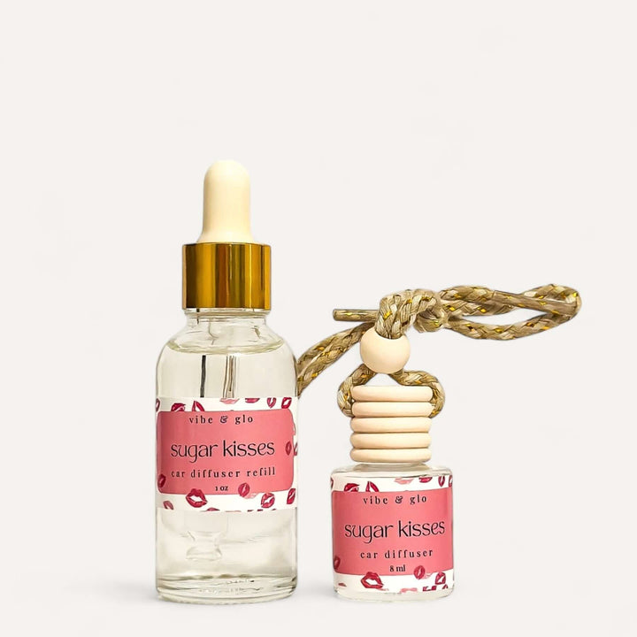 Car diffuser and refill set featuring sugar kisses fragrance for a refreshing car aroma.