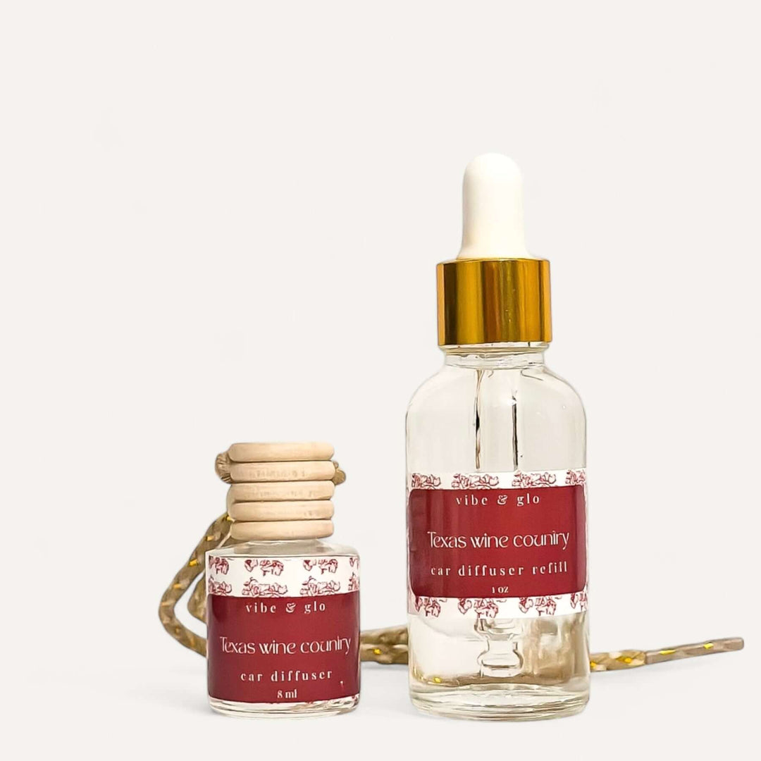 Car diffuser and refill set with Texas Wine Country scent, elegant design for a pleasant driving experience.
