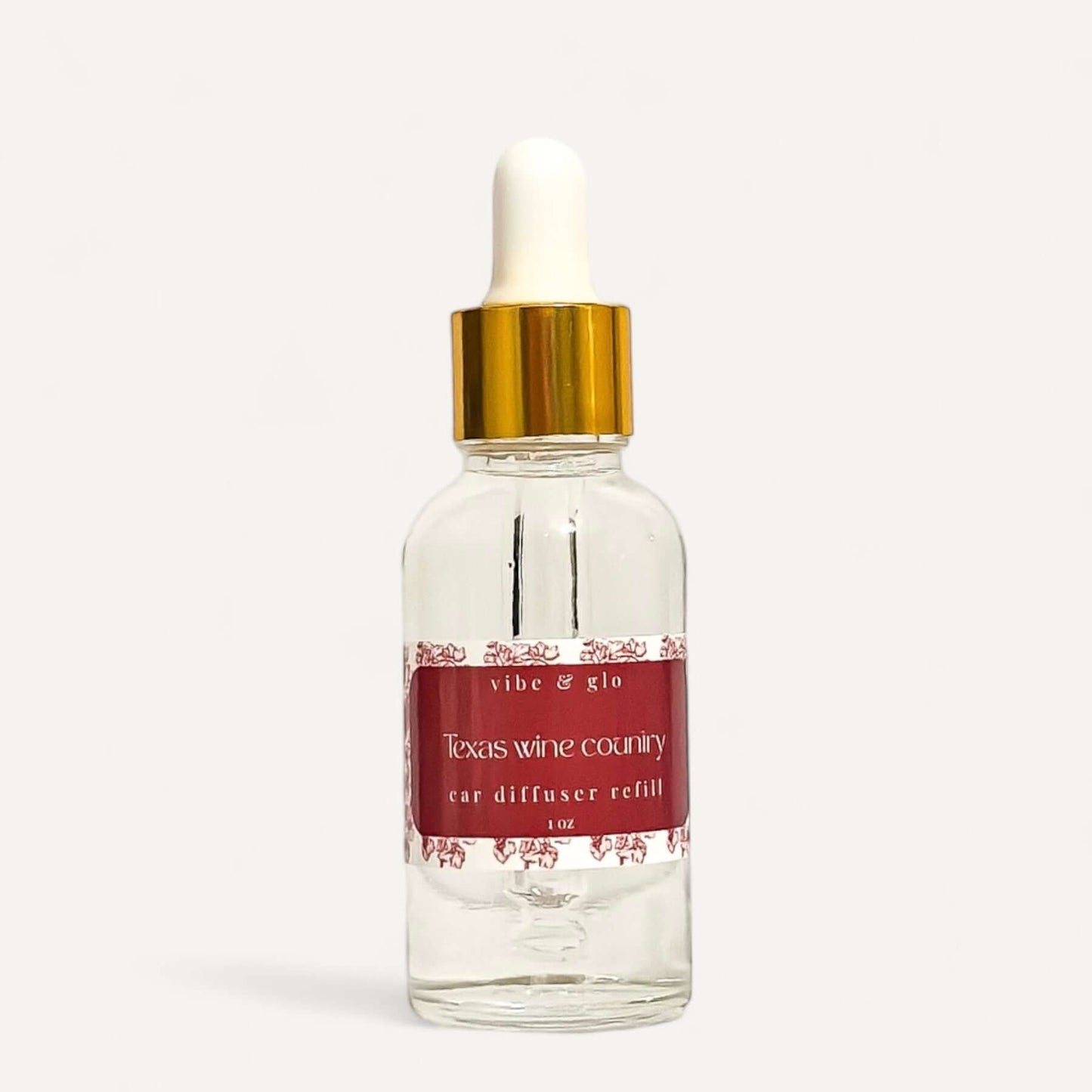 1 oz dropper bottle of Vibe & Glo Texas Wine Country car diffuser refill for lasting scent.