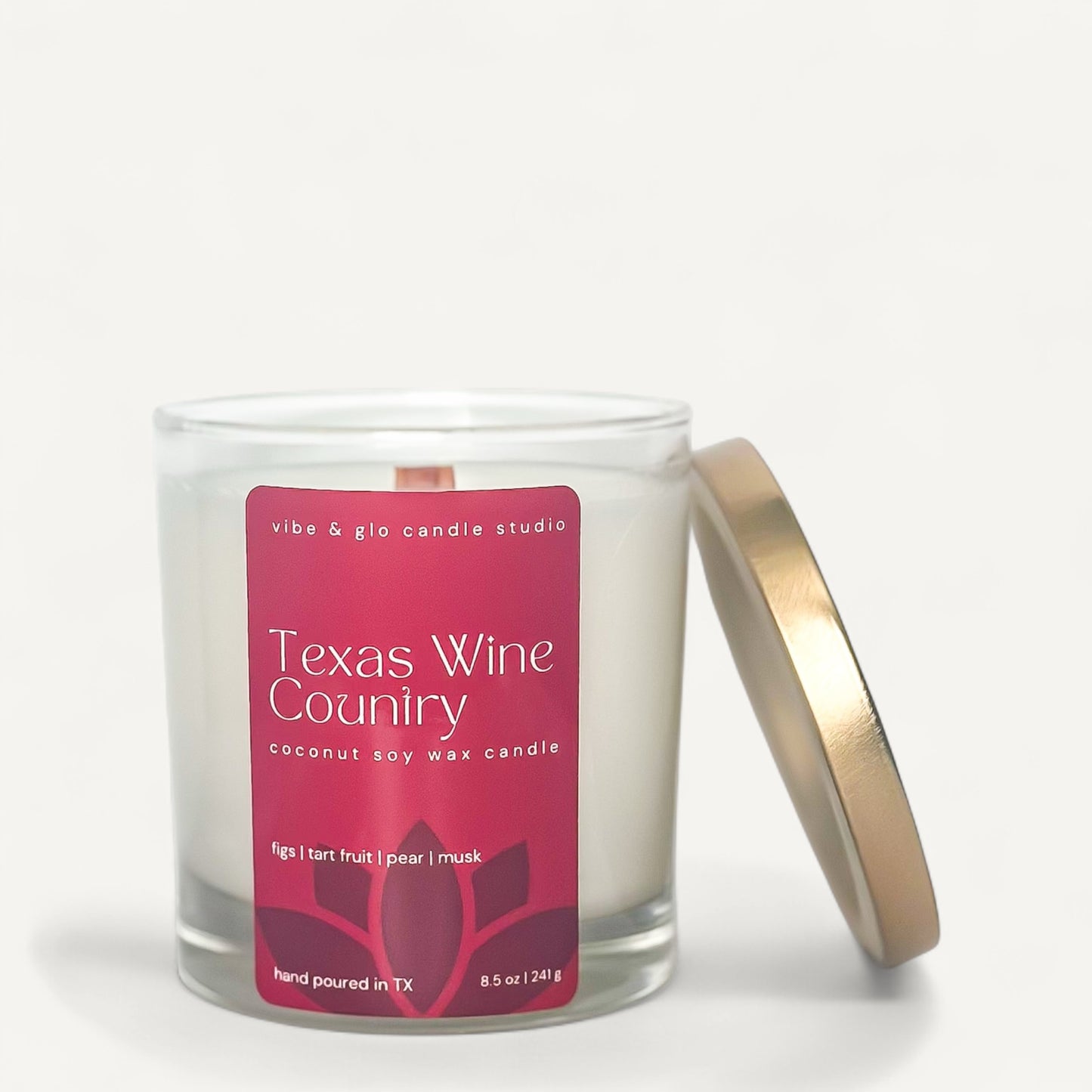 Texas Wine Country candle: coconut soy wax, fig, pear, musk, hand poured in Texas, perfect for a sophisticated mood.