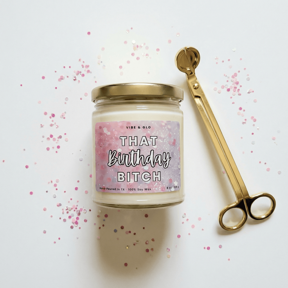 that birthday bitch candle vibe and glo funny birthday gift candle with confetti aesthetic vanilla almond cake scent