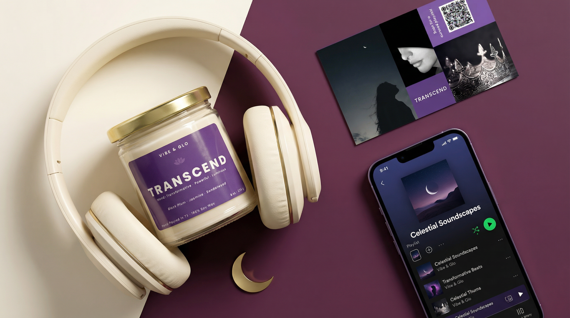 Transcend soy candle by Vibe & Glo styled in flatlay with cream headphones, mood card, crescent moon accent, and celestial playlist on smartphone.