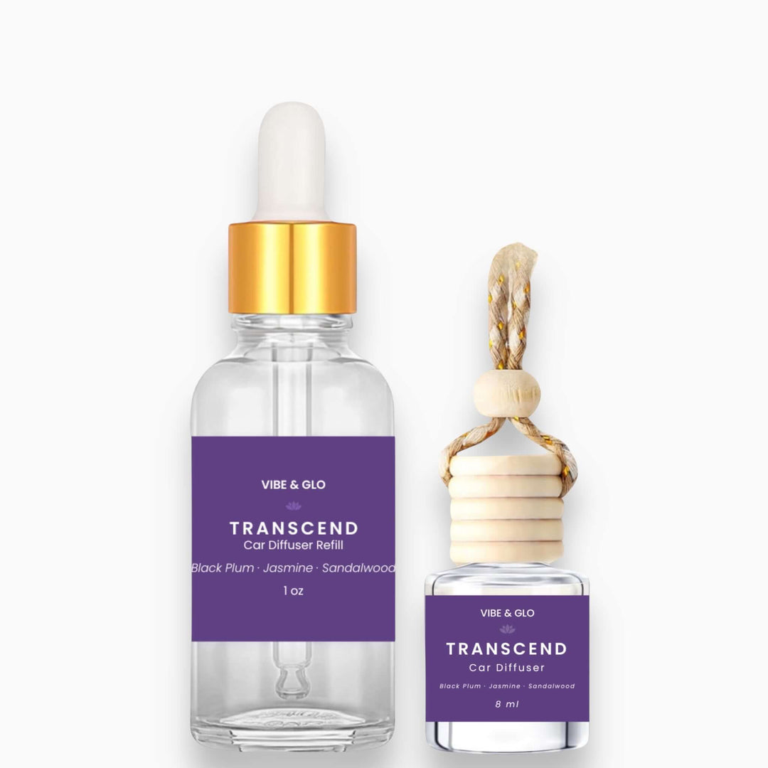 Vibe & Glo Transcend car diffuser refills with clear bottles and purple labels on a white background