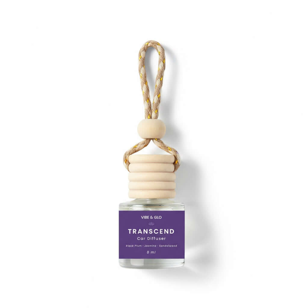 Car diffuser with wooden holder and purple label on a white background