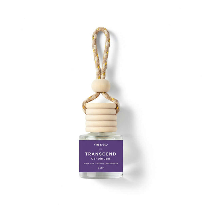 Car diffuser with wooden holder and purple label on a white background