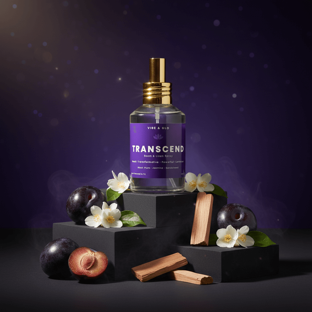 Perfume bottle labeled 'Transcend' with plums and flowers on a dark background