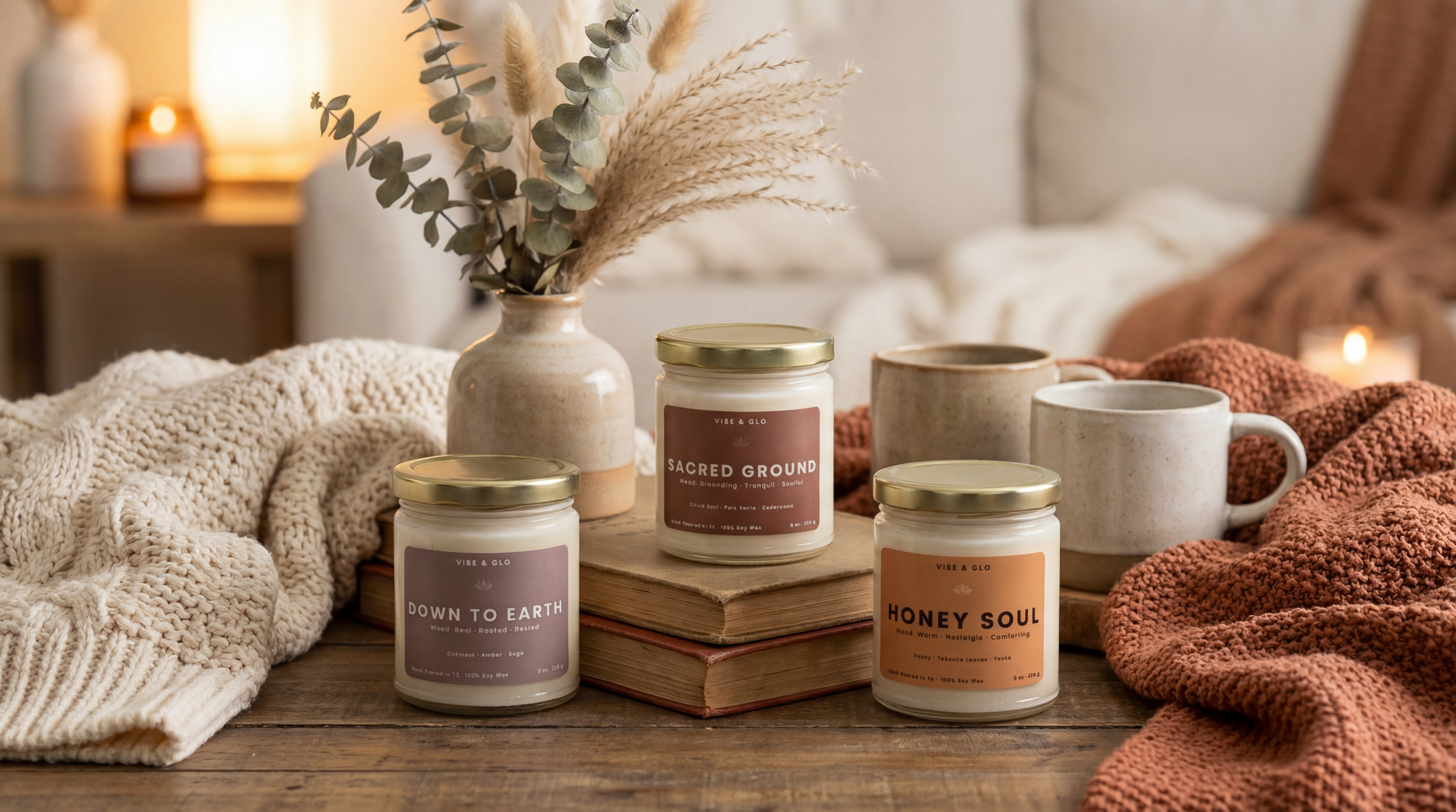 Vibe & Glo soy candle trio including Sacred Ground, Down to Earth, and Honey Soul styled on books with mugs and cozy blankets