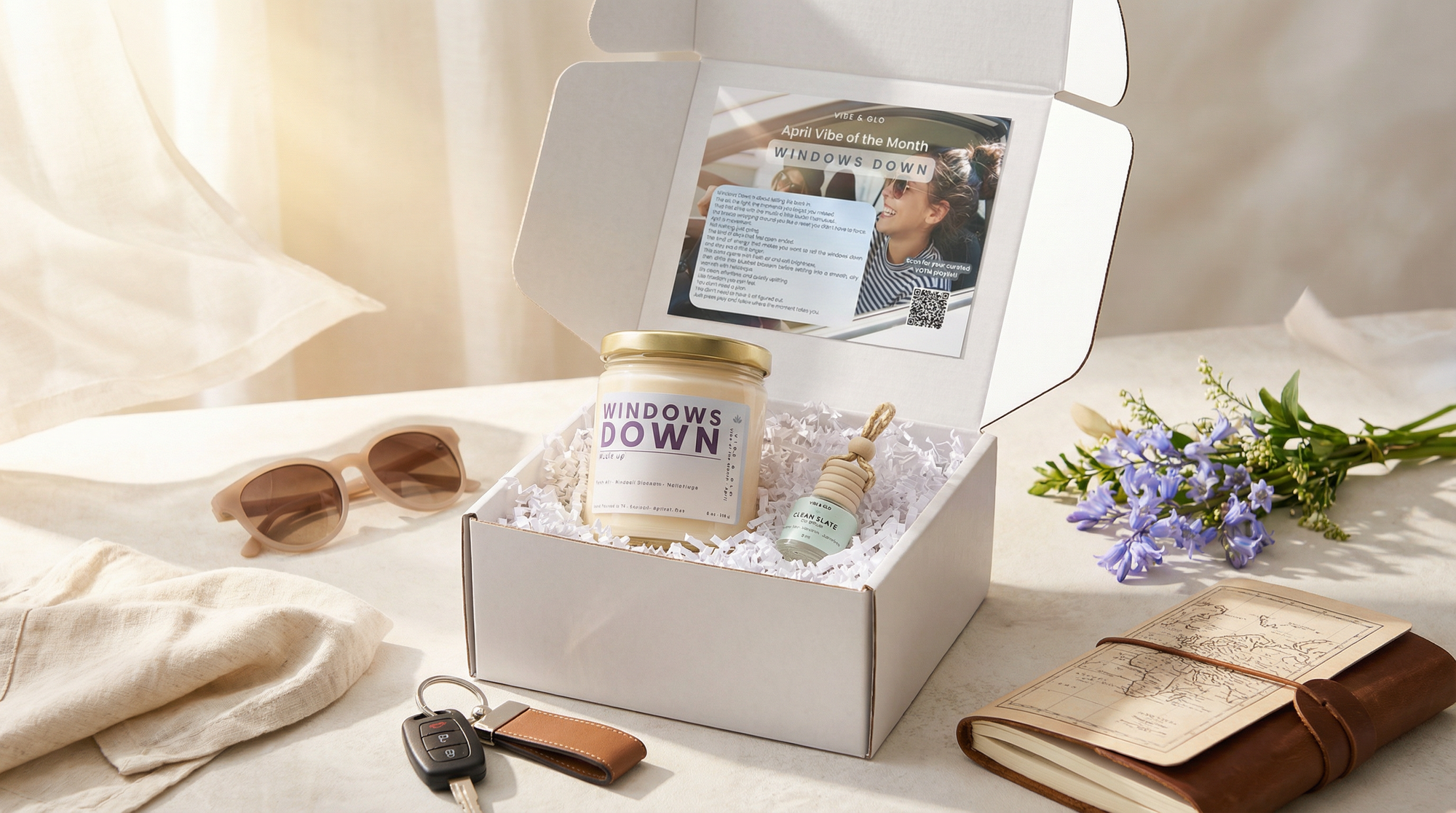 Windows Down candle subscription box by Vibe & Glo featuring April Vibe of the Month with candle, car diffuser, and lifestyle props in a bright, airy setting