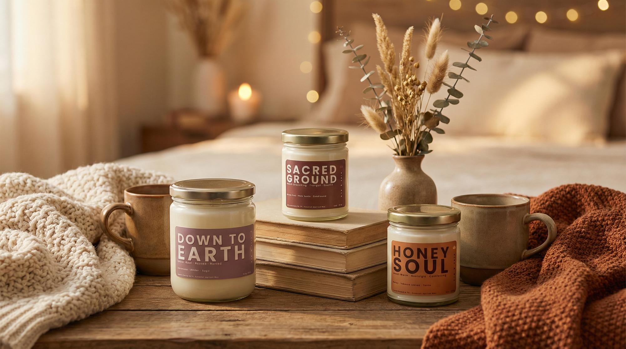 Vibe & Glo warm and cozy candle collection featuring Sacred Ground, Honey Soul, and Down to Earth candles styled with knit blankets, mugs, and dried florals on a rustic wood table in a softly lit living room.