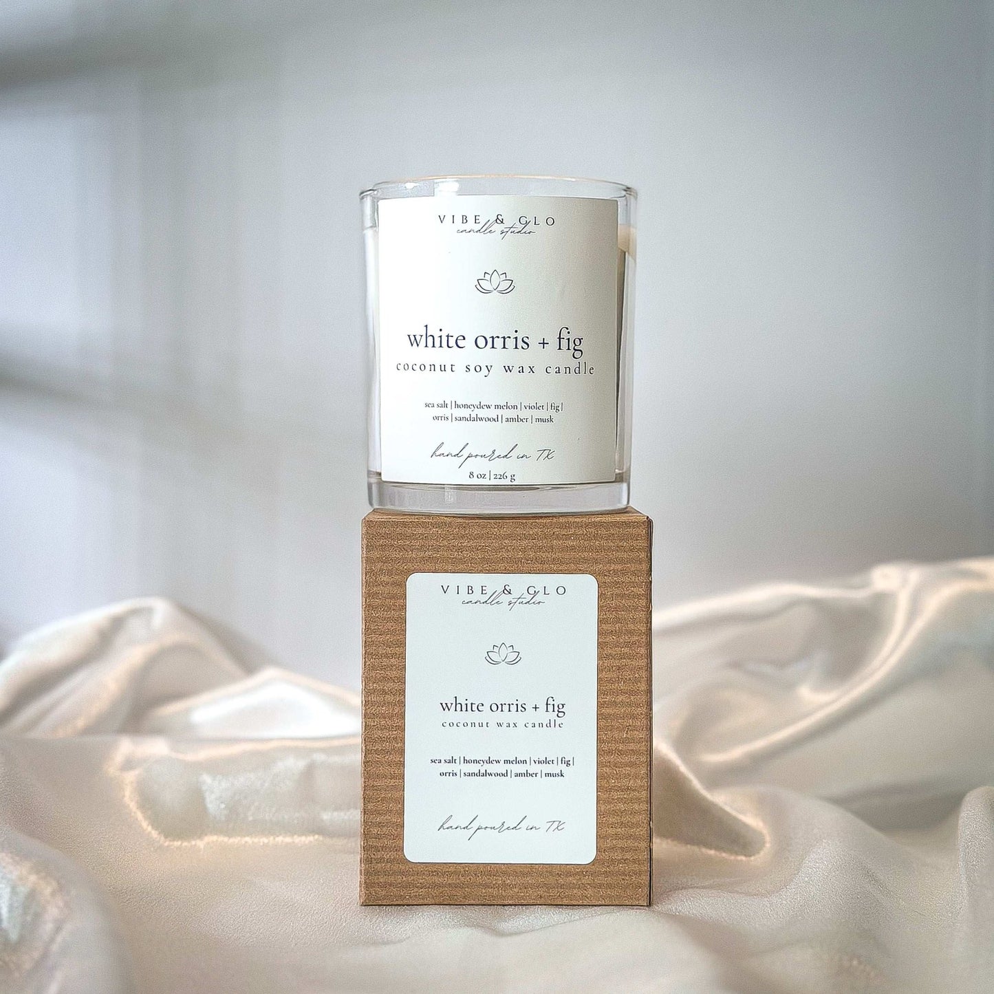 White Orris + Fig Coconut Soy Candle - Vibe & Glo Candle Studio