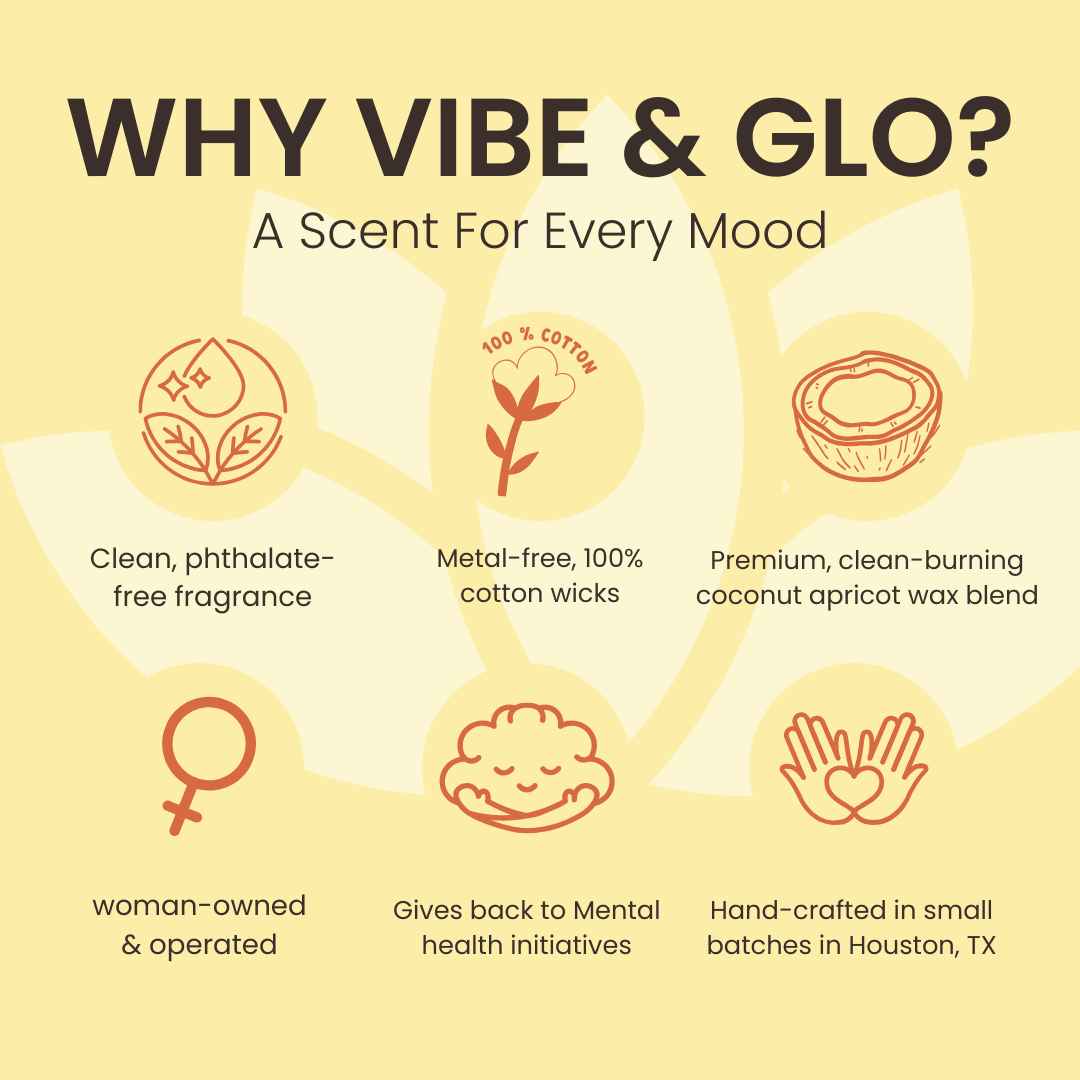 Why choose Vibe and Glo clean candles infographic highlighting phthalate free fragrance, cotton wicks, coconut apricot wax, woman owned brand and mental health mission