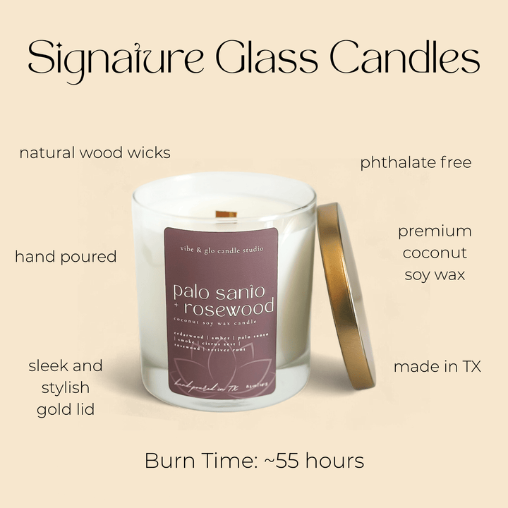 Palo Sanio Rosewood candle featuring a gold lid, natural wood wick, and premium coconut soy wax, with a 55-hour burn time.
